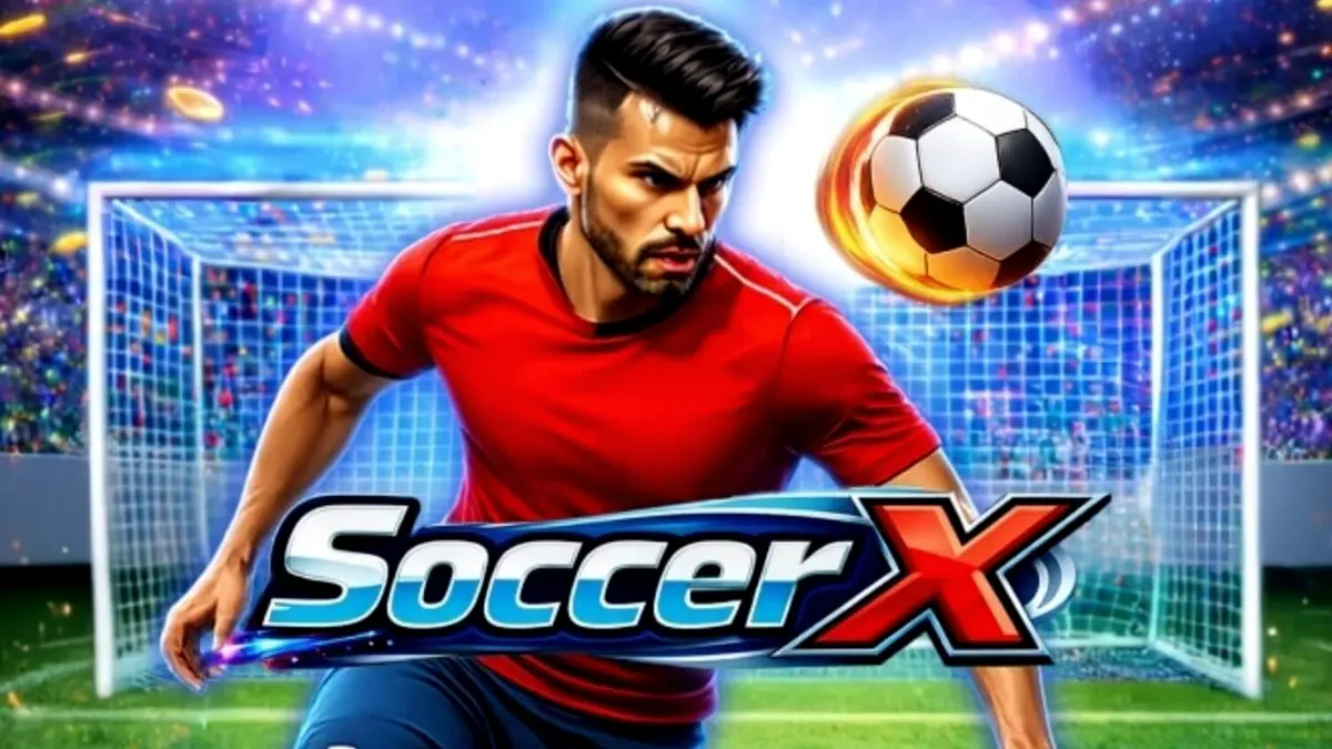 Tampilan visual permainan slot SoccerX dengan suasana stadion sepak bola