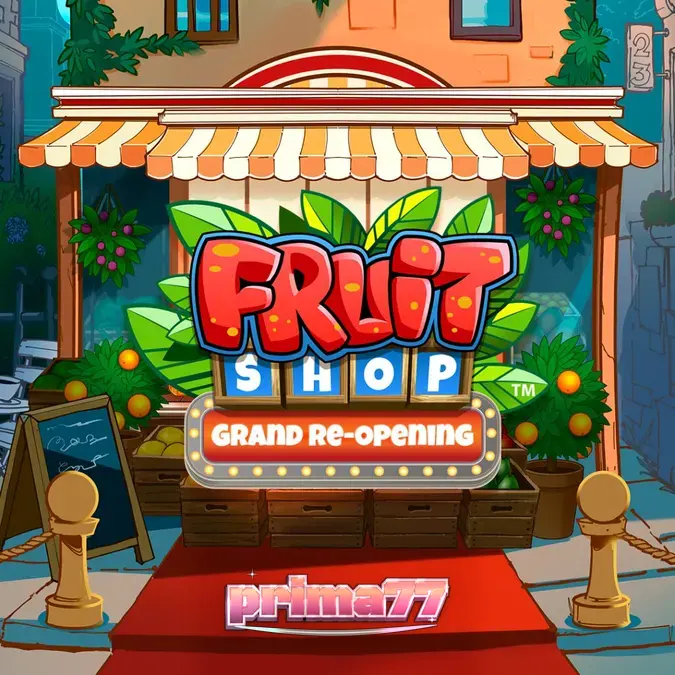 Tampilan visual slot Fruit Shop Grand Re-Opening dengan simbol buah klasik dan fitur modern